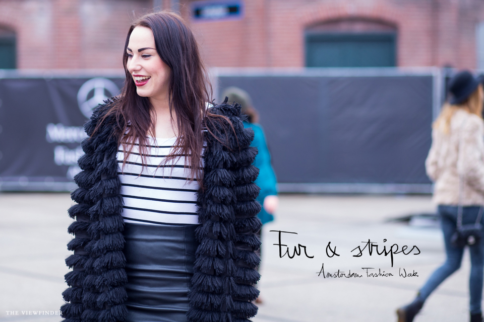 fur coat and stripes print street style amsterdam mbfw women banner | ©THE VIEWFINDER